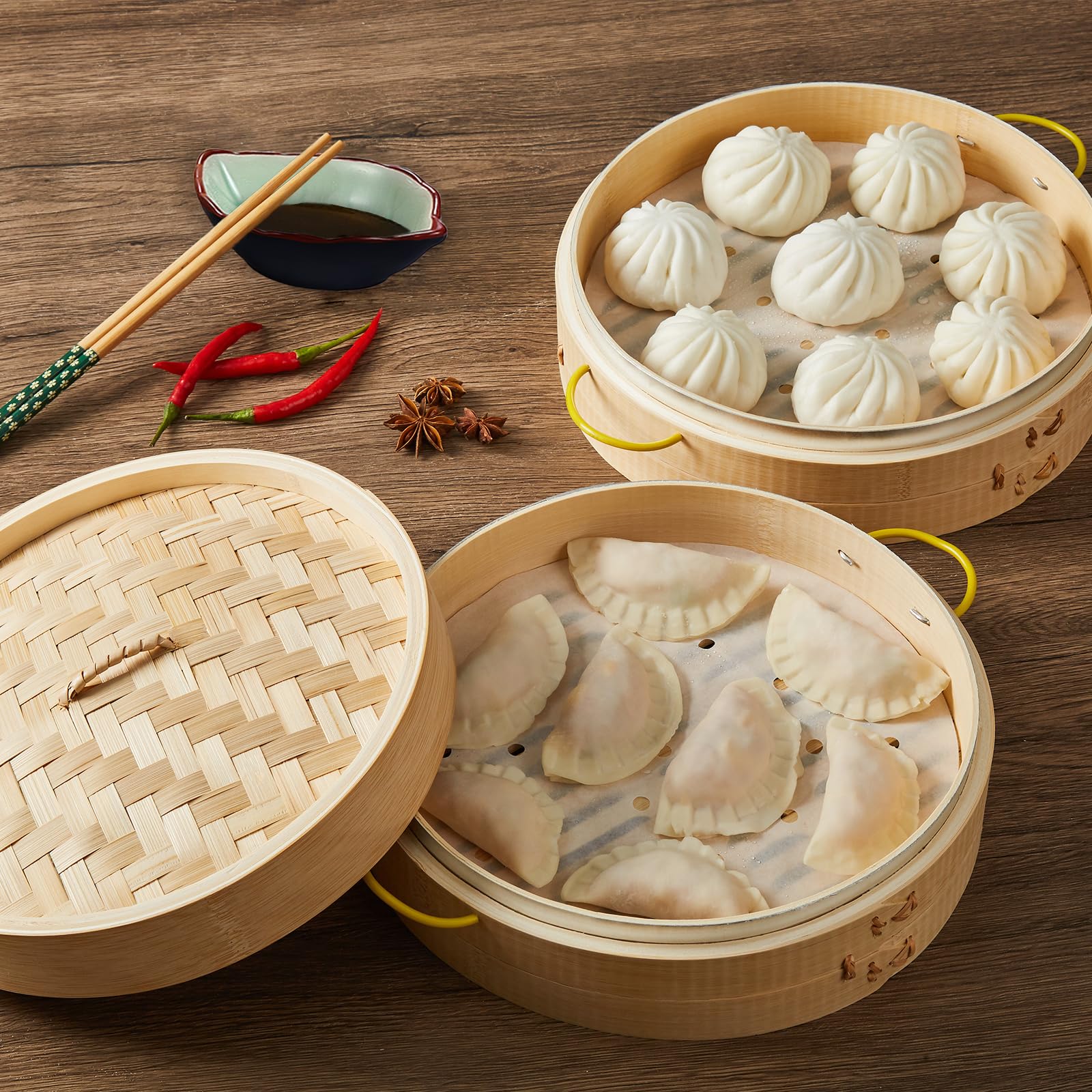 MacaRio Bamboo Steamer Basket Set 10 inch Steamer for Cooking, with Side Handles, Ring Adapter, Paper Liners, for Dim Sum Dumplings Buns Seafoods Vegetables Rice Asian Foods