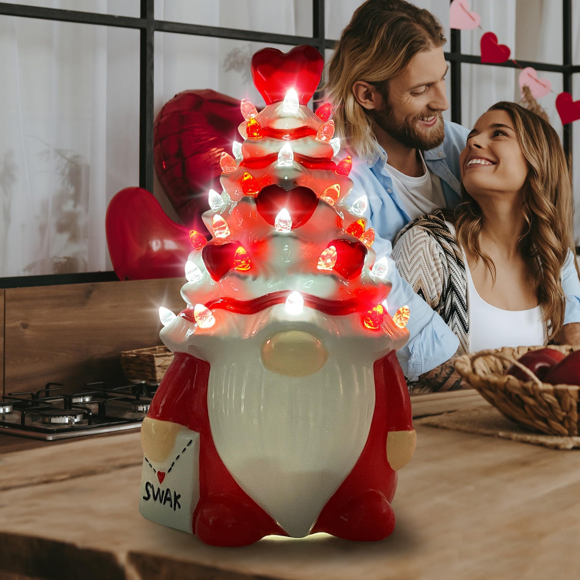 Hexagram Valentines Decorations, Valentines Day Decorations, Valentine Decor Ceramic Gnomes Tree, Valentine's Day Gnomes Decor