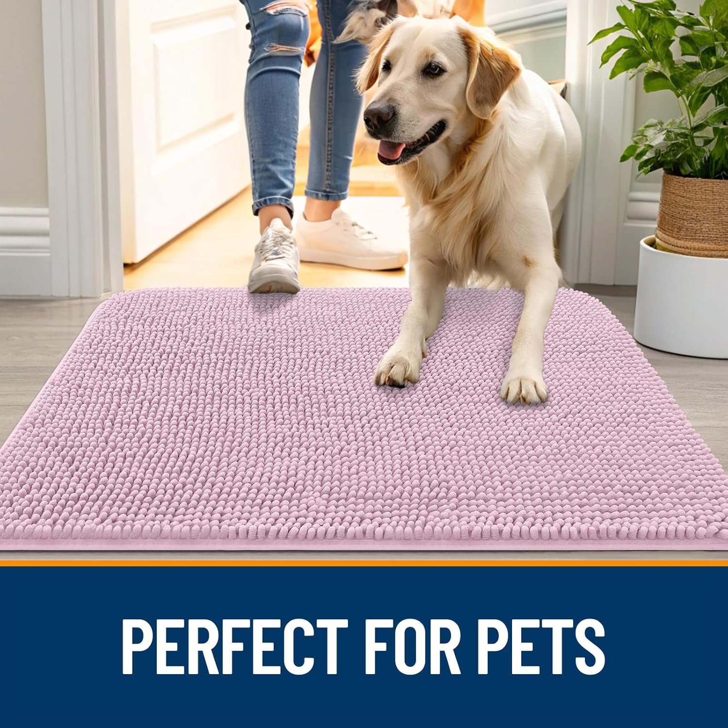 OLANLY Dog Door Mat - Absorbent Non-Slip Chenille Mat for Muddy Paws | Quick Dry 59x24, Dusty Rose