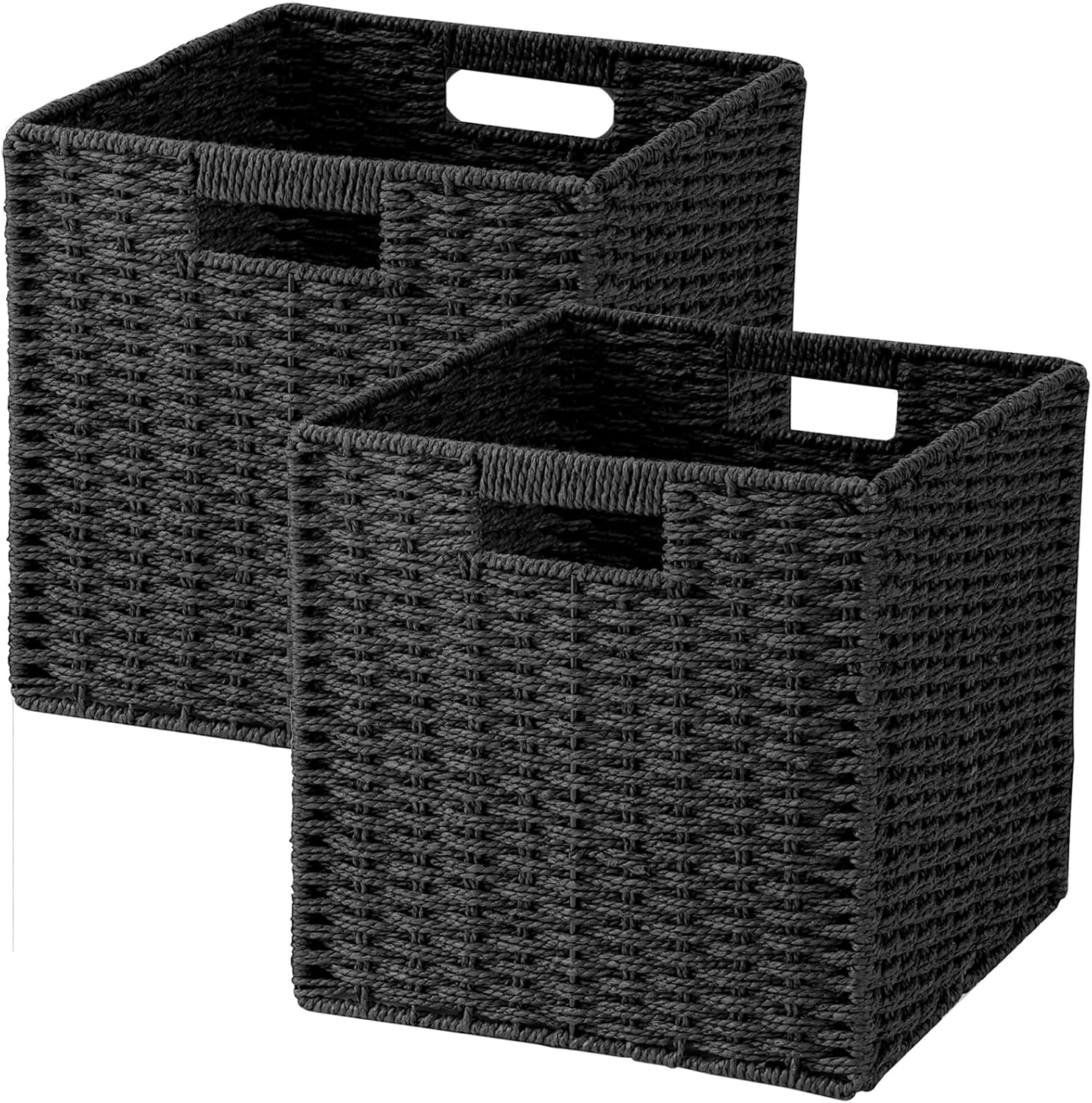 Skiennix Woven Wicker Storage Baskets - 2-Pack Handwoven Paper Rope Organizers | 11x11 Foldable Black Bins