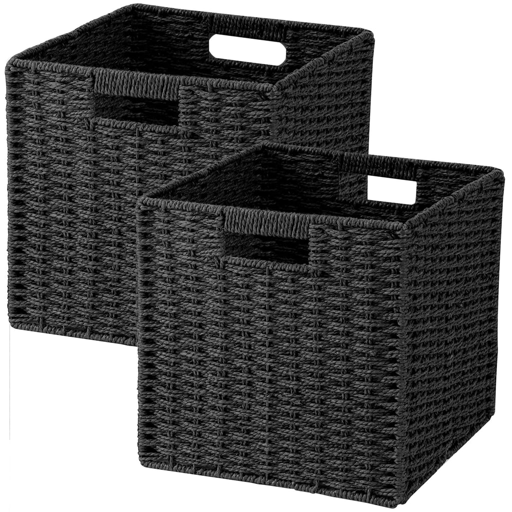 Woven Wicker Storage Baskets 2-Pack, 11x11 Handwoven Paper Rope Organizer Bins, Foldable Cube Storage Cubes with Built-in Handles for Shelves and Closet Organization(Classic Black)