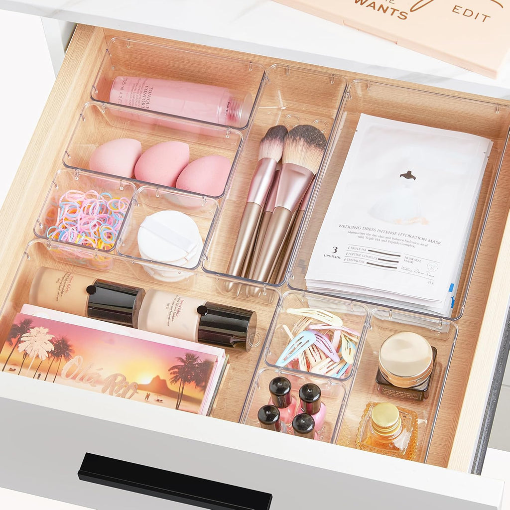 Vtopmart 44 PCS Clear Plastic Drawer Organizers - Versatile Non-Slip Storage Trays for Makeup, Jewelry & More