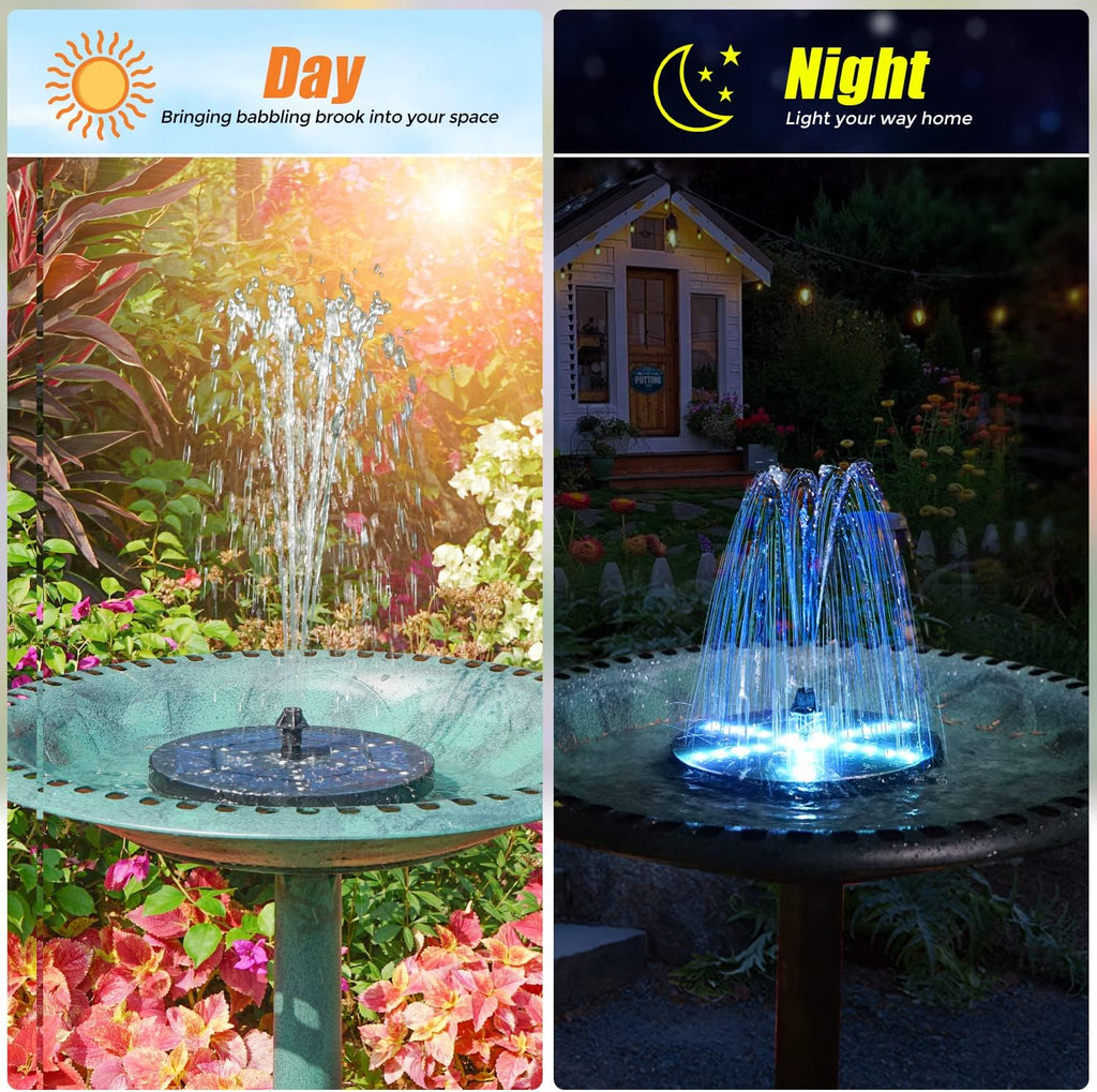 Skiennix Solar Bird Bath Fountain - Upgraded 4W Pump with 4000mAh Battery & 7 Nozzles | Colorful LED Lights for Garden & Pond