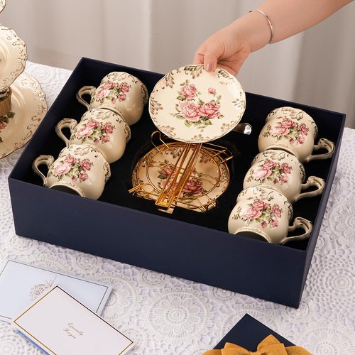 YOLIFE 8 OZ Tea Cups and Saucers Set of 6, Ivory Porcelain Tea Cups Set with Stand, Rose with Gold Leaves Trim Design, Gift for Women (Includes Gift Box, Tote Bag, Greeting Card)