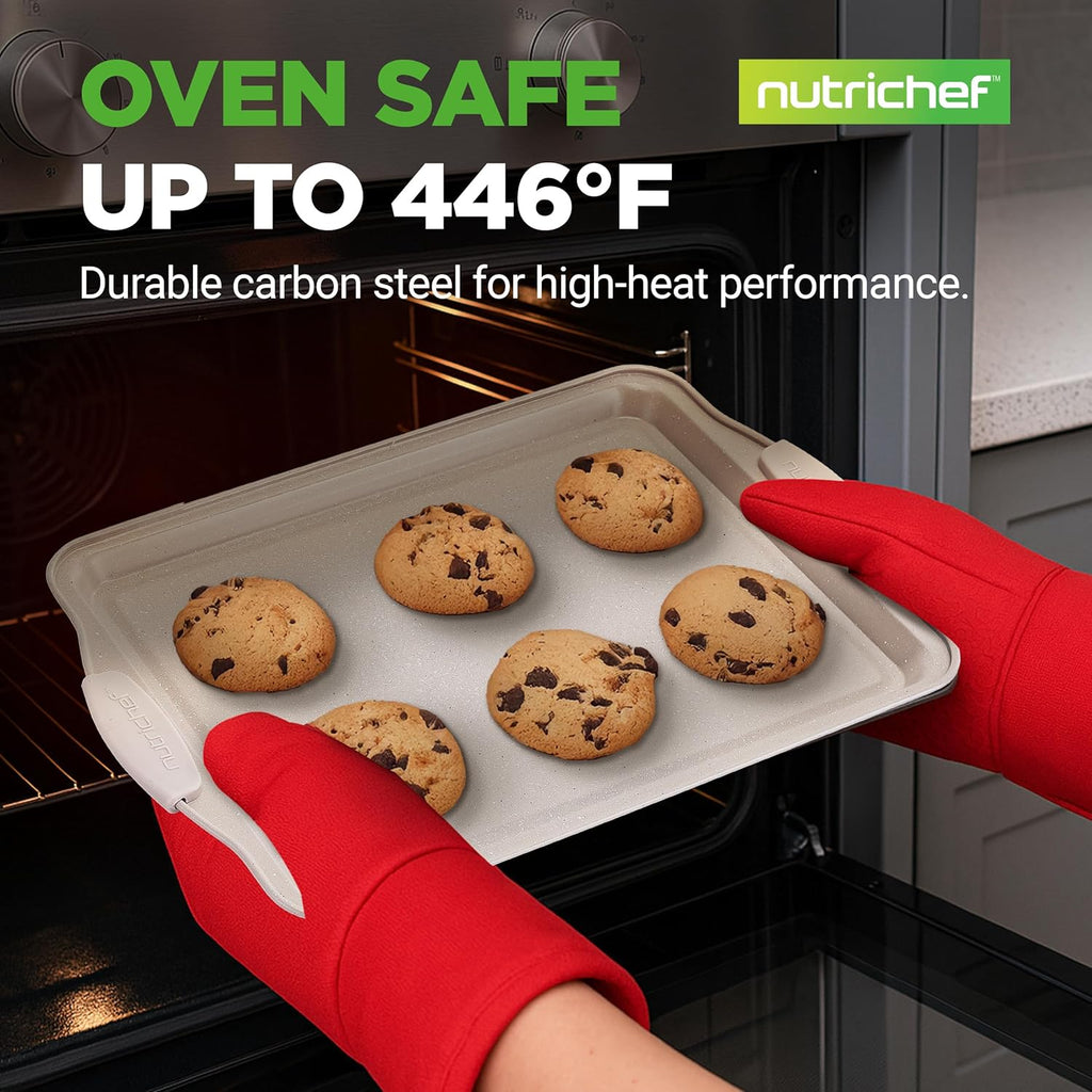 NutriChef Nonstick Cookie Sheets - Premium Carbon Steel Baking Pans with Silicone Handles | Easy Clean, Cream Marble Finish
