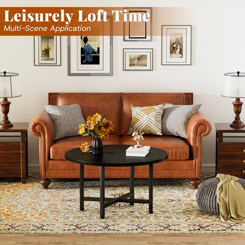 FURMORENE Coffee Table, 23.6" Small Coffee Tables, Black Round Coffee Tables for Living Room, Floor Table for Sitting on The Floor, Center Coffee Table with Metal Frame for Office Apartment Home