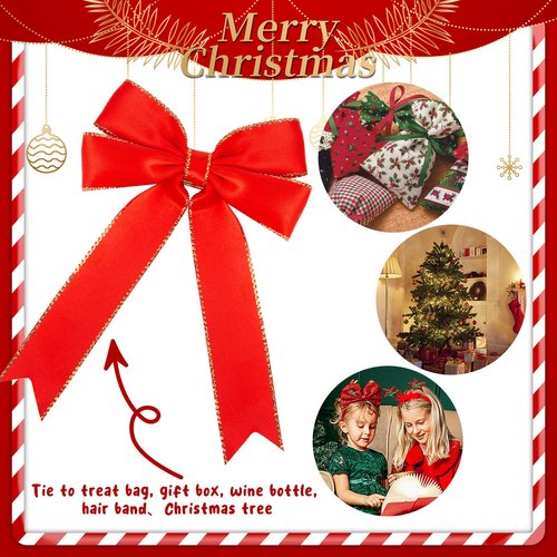 MCPINKY 20PCS Red Satin Bows for Christmas Tree, Glitter Gold Edged Xmas Ornaments – Perfect for Wreaths, Gifts, Bottles, Bags, and Holiday Decor