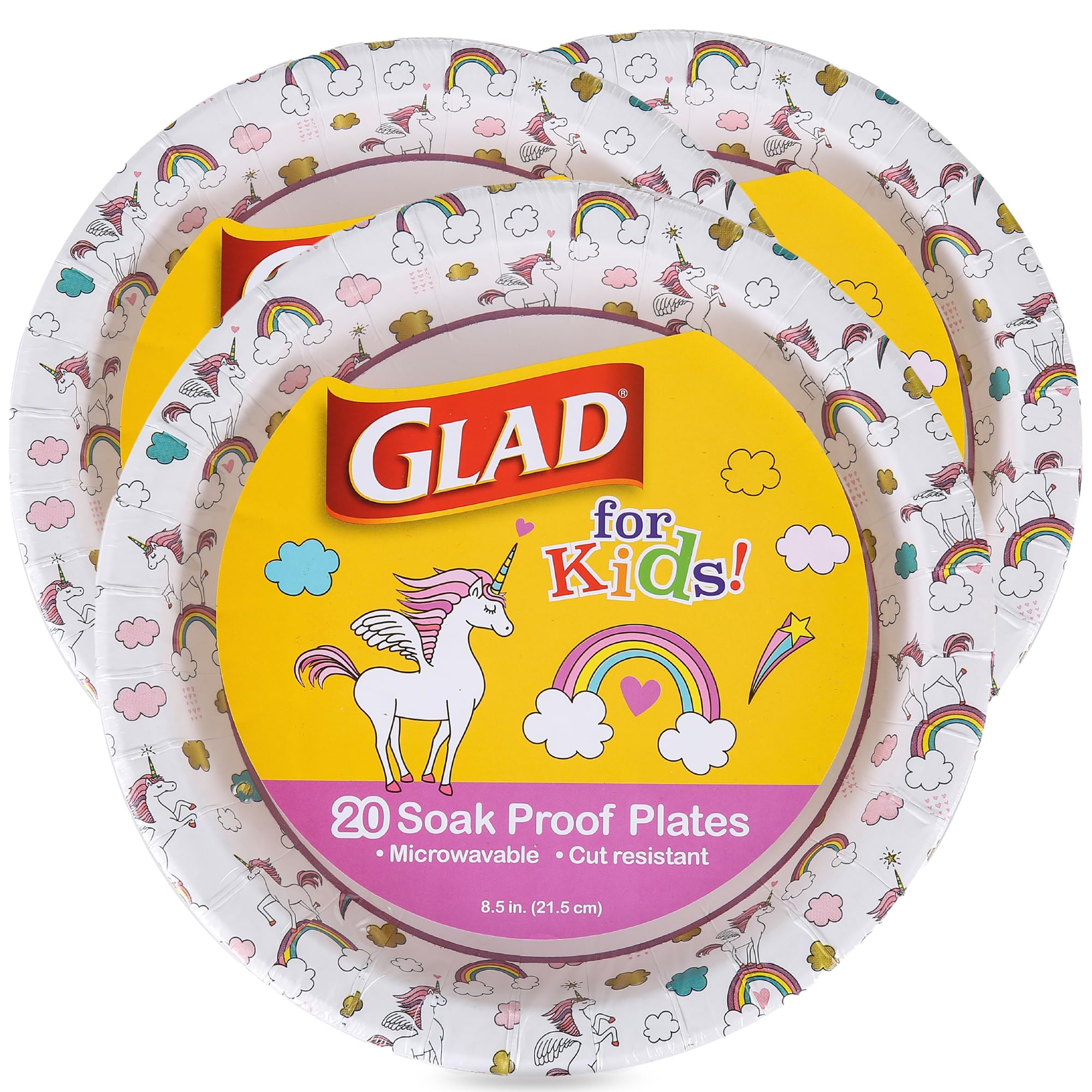 Glad for Kids Unicorn Theme Disposable Paper Plates, Heavy-Duty Soak-Proof Round Plates for Kids Birthdays, Parties, and Everyday Meals, Microwave Safe, 8.5 Inch, 20 Count - 3 Pack