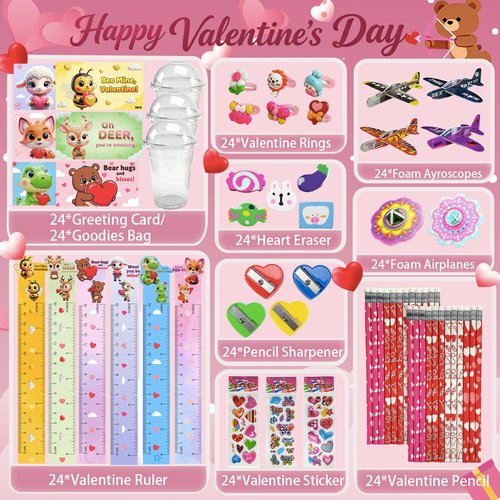 SQZUWIT Valentines Day Gifts for Kids, 24 Pack Valentine Classroom Party Favors with Cards School Class Bulk Prize for Boys Girls Toddlers Friends Exchange Gift