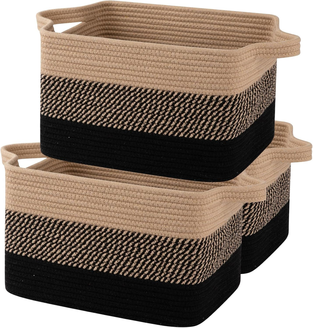OIAHOMY Woven Storage Baskets - Cotton Rope Baskets for Toys & Towels | Pack of 3, Black & Brown