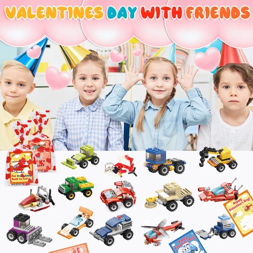 Lukfuu 24 Pack Valentines Day Gifts For Kids Classroom, Vehicles Car Building Blocks Toys with Valentines Cards for Kids Boys Girls Classroom Exchange School Rewards Party Favors Gifts