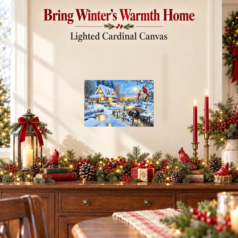 LED Wall Art - Snowy Cottage Scene with Cardinal birds, Snowman & Bridge (Variation 1) 11.75" x 15.75"