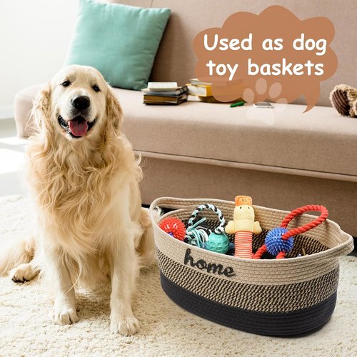 **Woven Dog Toy Basket by [Brand Name] - Large 22" x 11" x 7.9" Cotton Organizer with Handle | Light Beige**