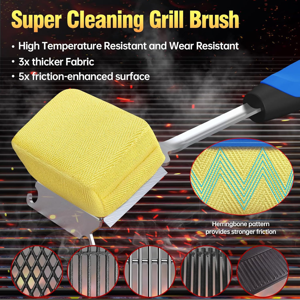 Skiennix Grill Brush - Bristle-Free BBQ Cleaner with Extended Handle & Scraper | Safe for Cast Iron & Stainless Steel Grates - Blue