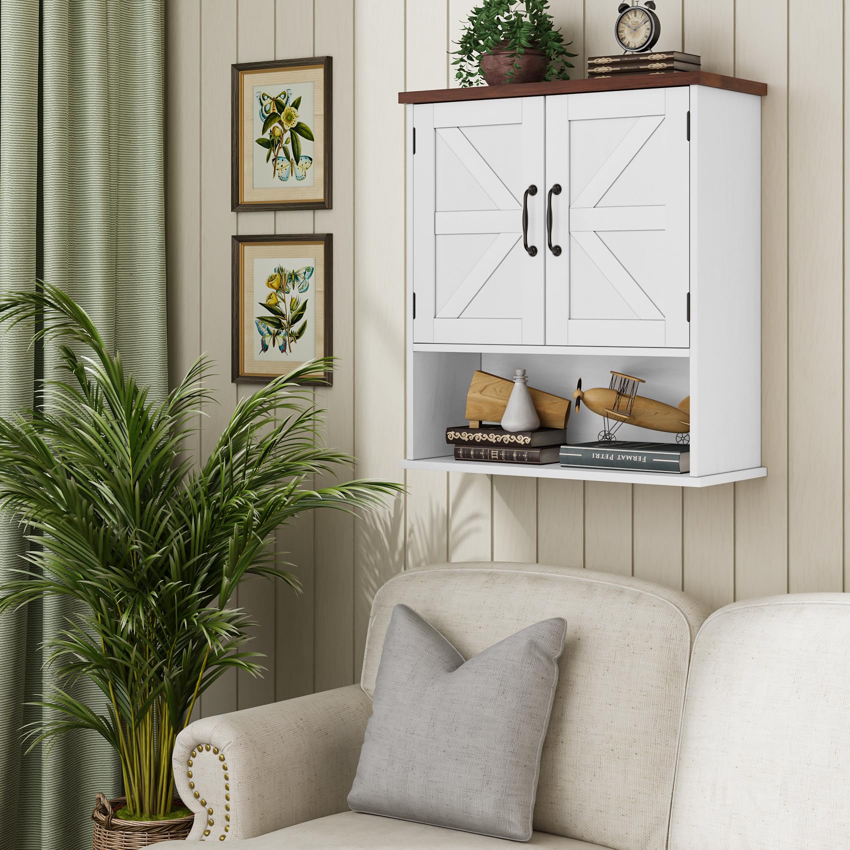 Mino Kesper Bathroom Wall Cabinet with Barn Doors, Wall Mounted Bathroom Cabinet, Farmhouse Style, Adjustable Shelf, Wall Mounted Medicine Cabinets, White
