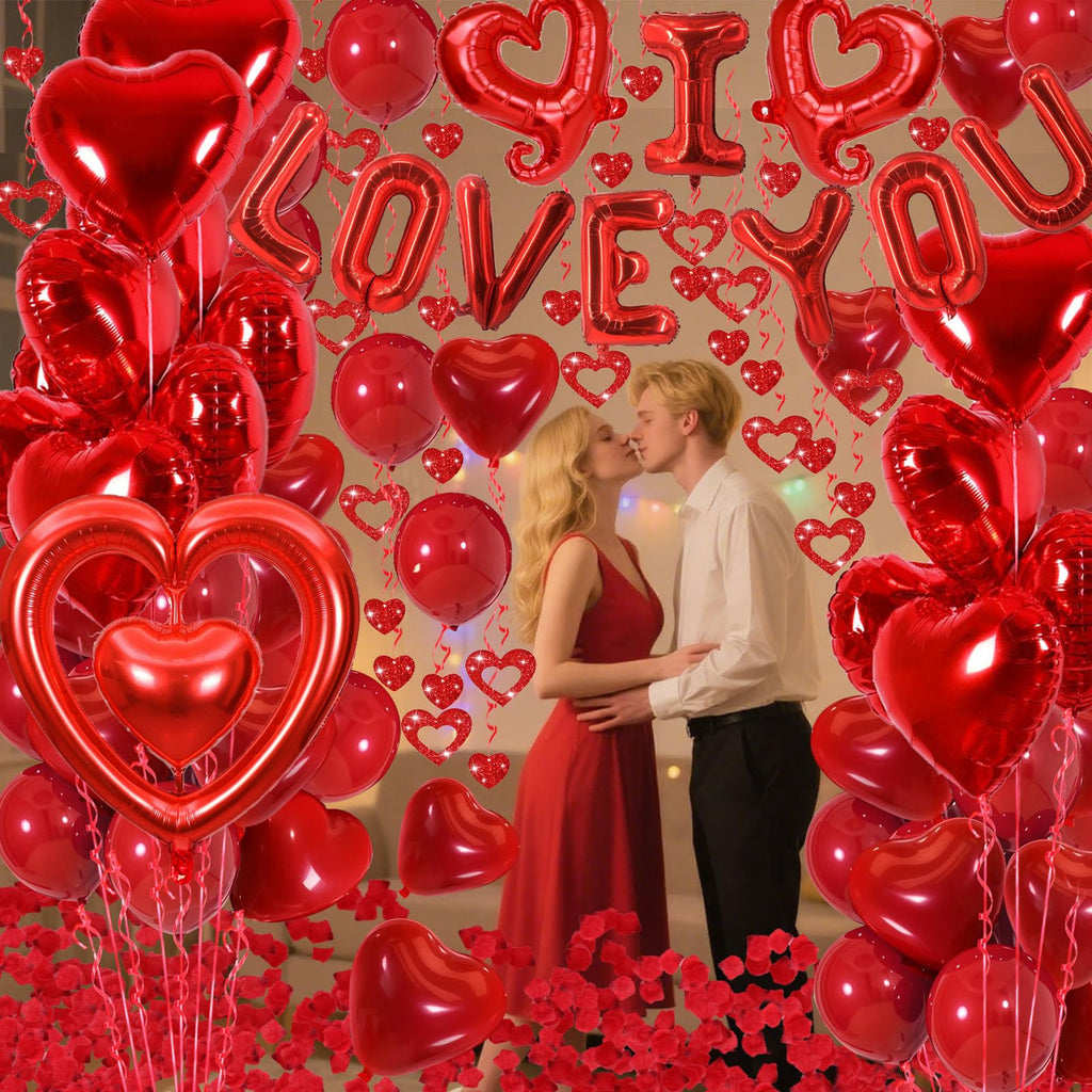 Valentines Day Decorations with Red I Love You Balloons and Fake Rose Petals for Wedding Bachelorette Party, Red Heart Balloons and Love Balloon for Anniversary Romantic Decorations