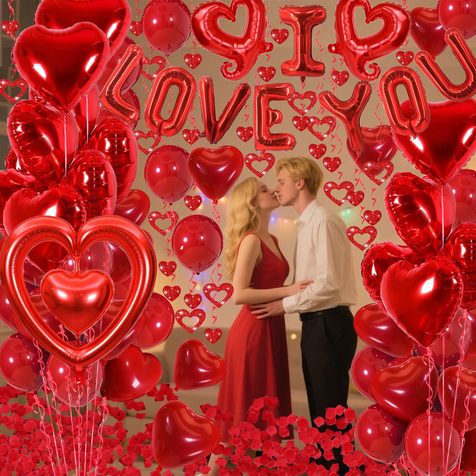 Valentines Day Decorations with Red I Love You Balloons and Fake Rose Petals for Wedding Bachelorette Party, Red Heart Balloons and Love Balloon for Anniversary Romantic Decorations