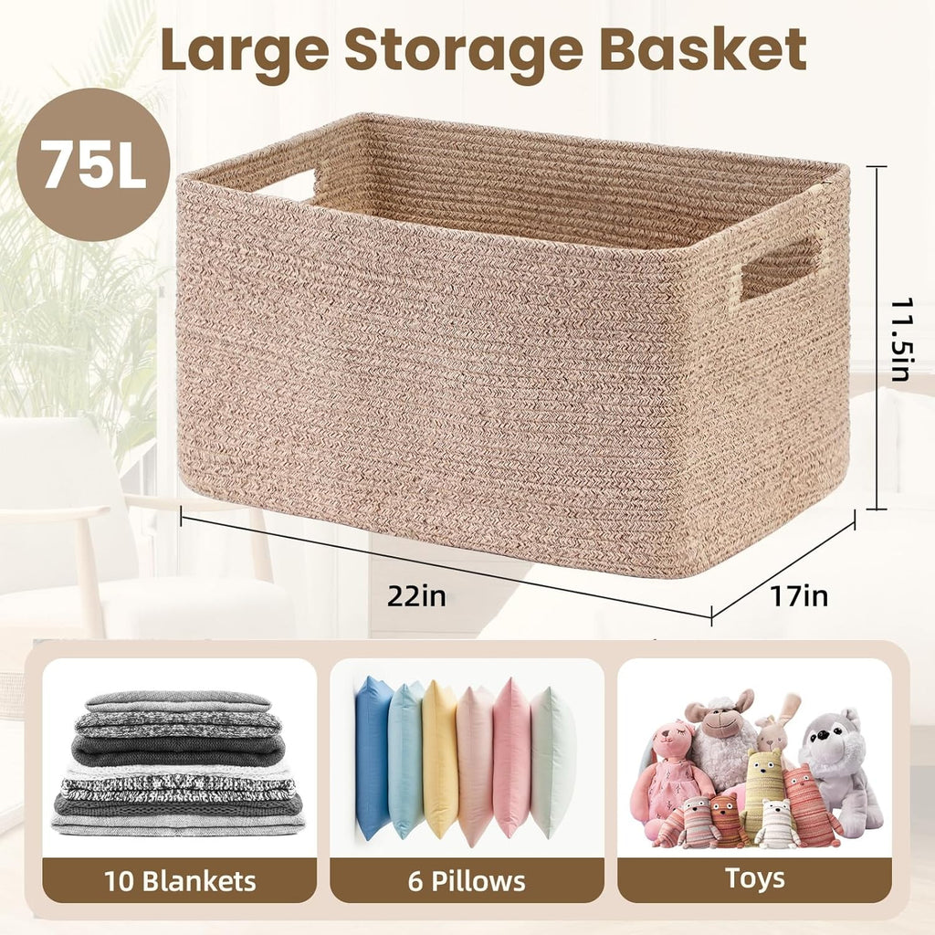 Optish Large Woven Blanket Basket - 75L Storage Solution with Reinforced Handles | Brown, 22” x 17” x 11.5”