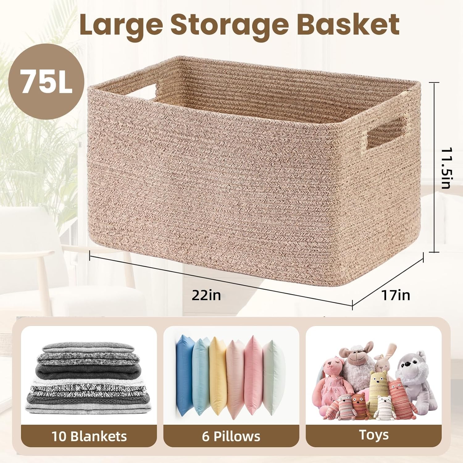 Optish Large Woven Blanket Basket - 75L Storage Solution with Reinforced Handles | Brown, 22” x 17” x 11.5”