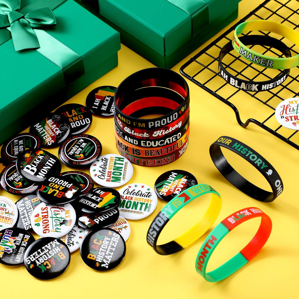 Remuuly 200 Pcs Black History Month Accessories Set Include 100 Silicone Bracelet 100 Inspirational Pin for African Afro American Festival Black American Celebration Accessories