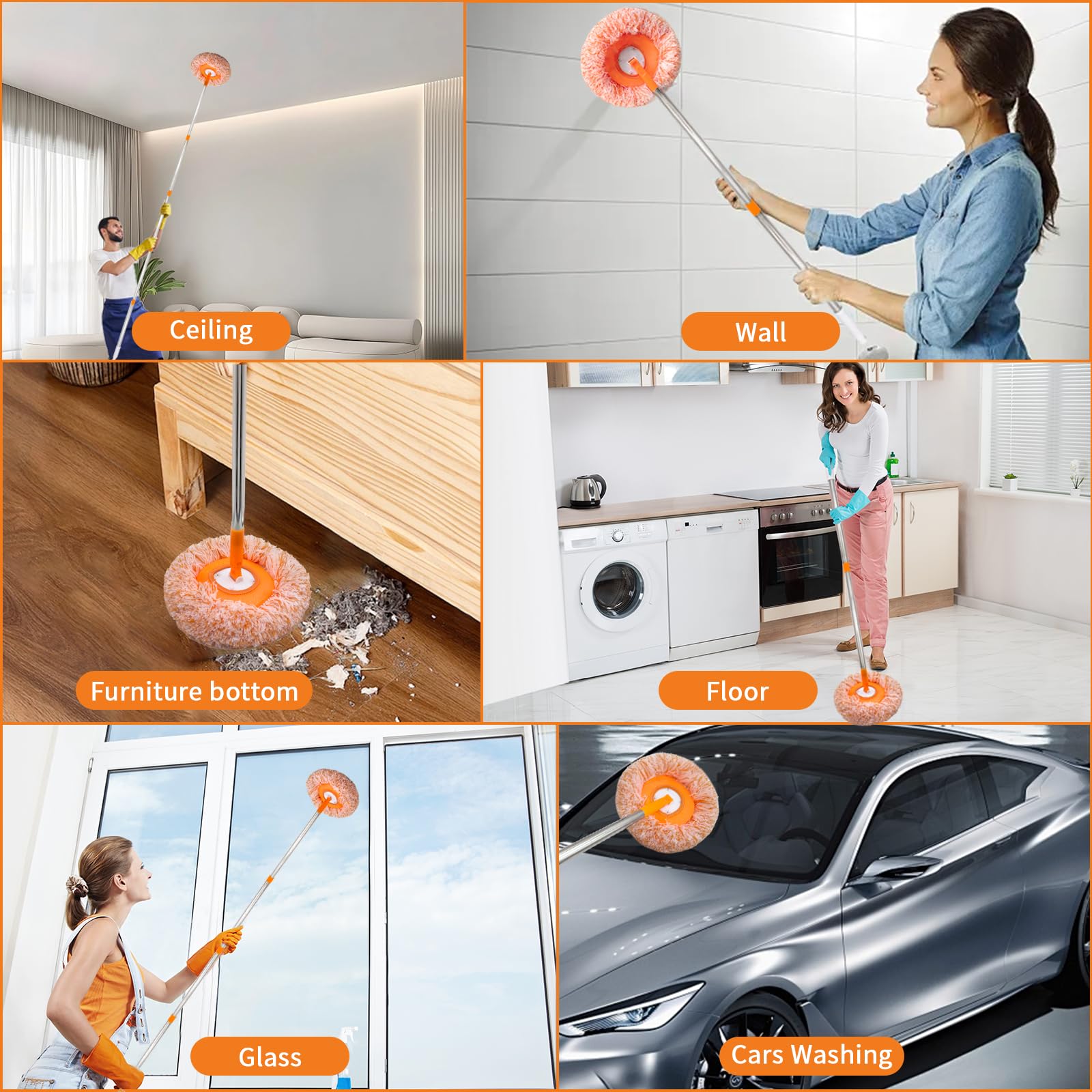 360 Rotatable Adjustable Wall Mop with 5 Mop Heads, 78 Inch Wall Cleaner for Floor, Ceiling & Baseboard