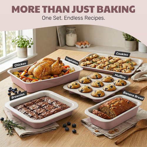 Gotham Steel 6 Pc Stackable Baking Pans Set, 70% Space Saving Design, Ceramic Bakeware Sets Non Toxic Made Without PFOA PFOS, with Baking Sheet Tray, Cake & Muffin Pans, Oven & Dishwasher Safe
