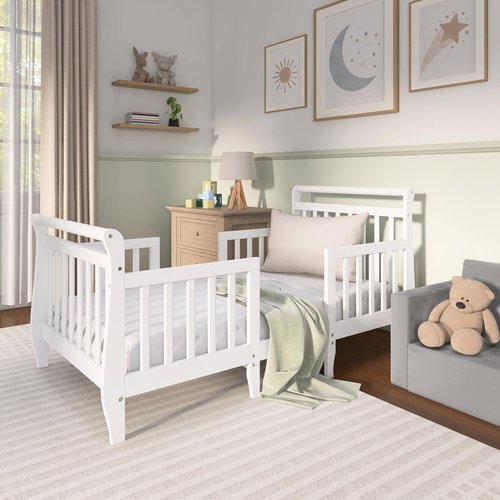 Dream On Me Emma 3-in-1 Convertible Wooden Toddler Bed in White, Baby Safety Alliance Certified, Low-to-Floor Design, Solid Pinewood with Safety Rails
