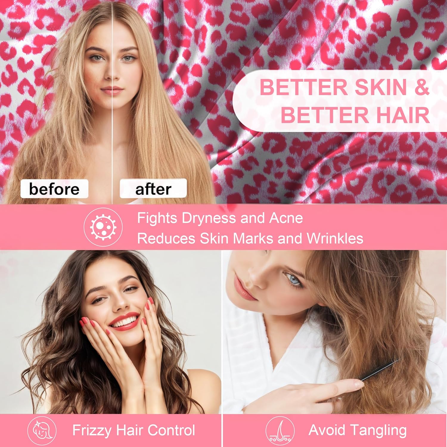 Skiennix Mulberry Silk Pillowcase - Standard Size, Hidden Zipper, Soft & Breathable | Leopard Pink