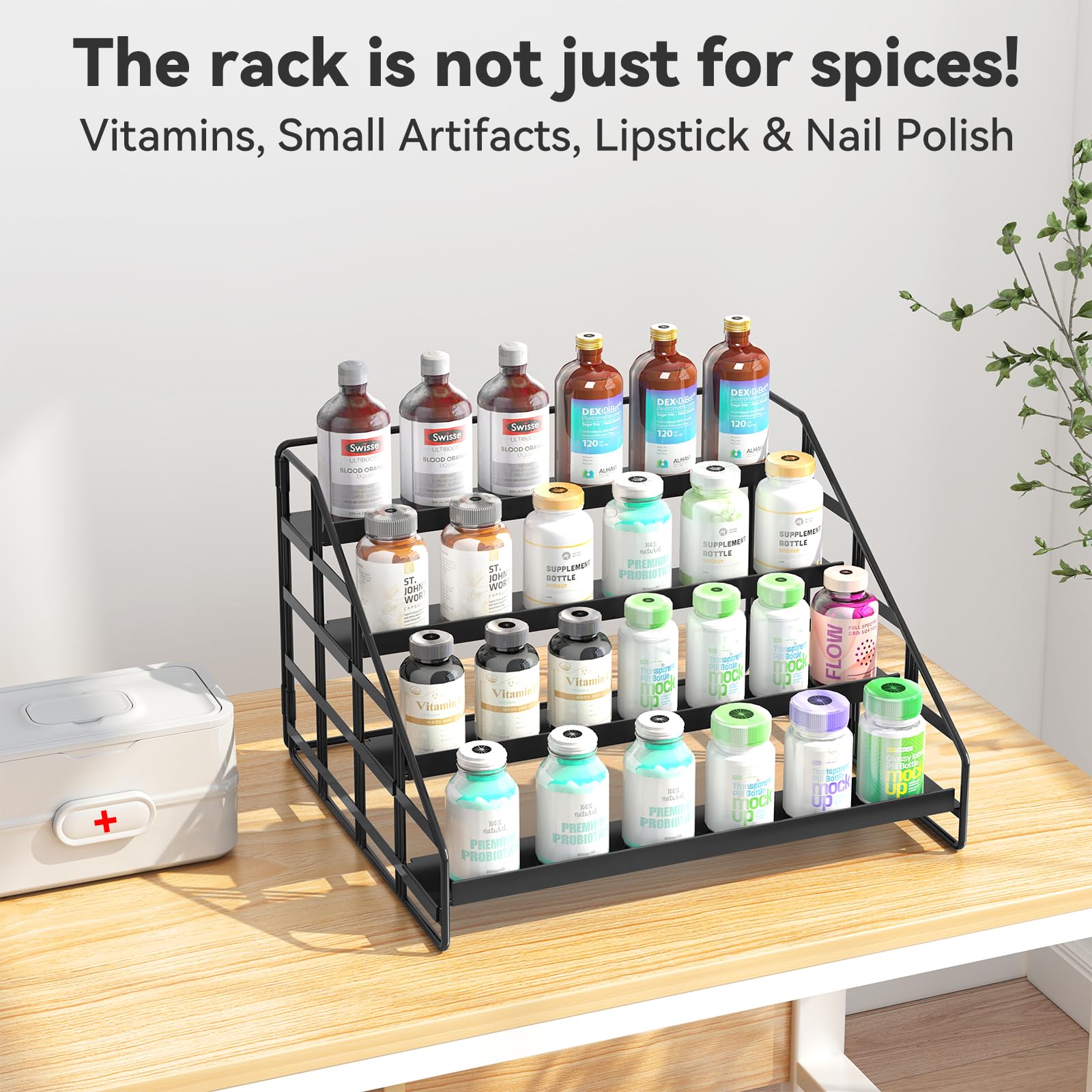 Bunoxea Spice Rack 4 Tier Kitchen Cabinet Organizer,Countertop Spice Rack,Tier Depth Adjustable Cabinet Shelf,Step Spice Organization Easy Visibility,Holds Seasoning and Condiments