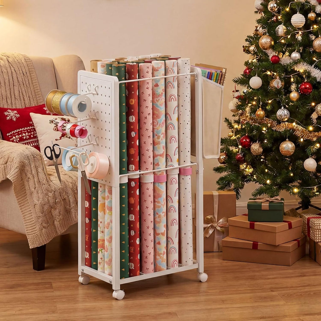 Skiennix Wrapping Paper Storage Organizer - Rolling Cart with Lockable Wheels & 15 Slap Bands | Fabric Drawer & Ribbon Holder