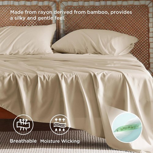 Bedsure King Size Cooling Sheet Set - Breathable Rayon from Bamboo, Deep Pocket Up to 16", Luxurious Beige