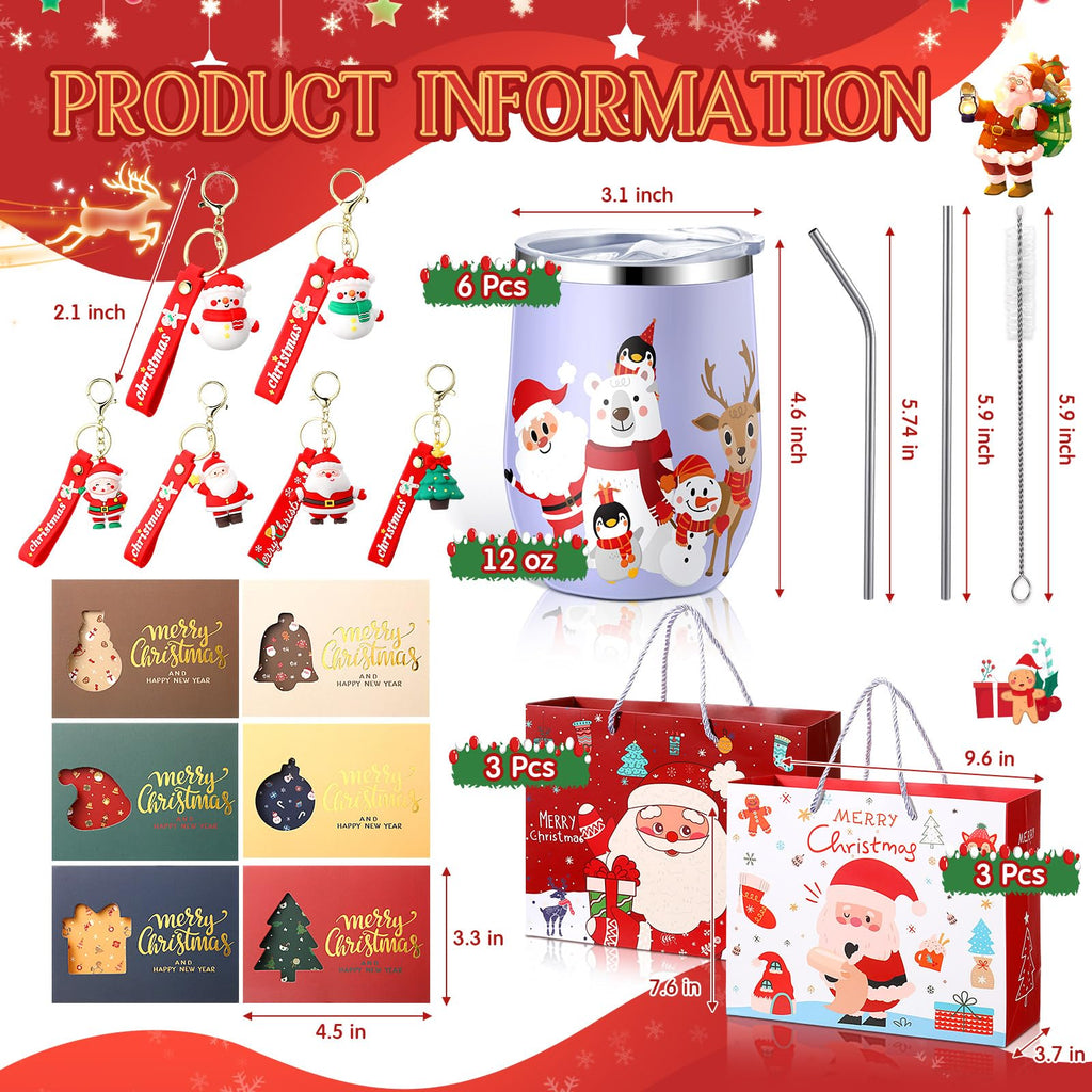 Skylety 24 Pcs Christmas Gifts Bulk for Coworker Employee Women Men 6 Sets with 12oz Christmas Wine Tumblers Keychains Greeting Cards and Gift Bags for Xmas New Year Party Favors(Classic)