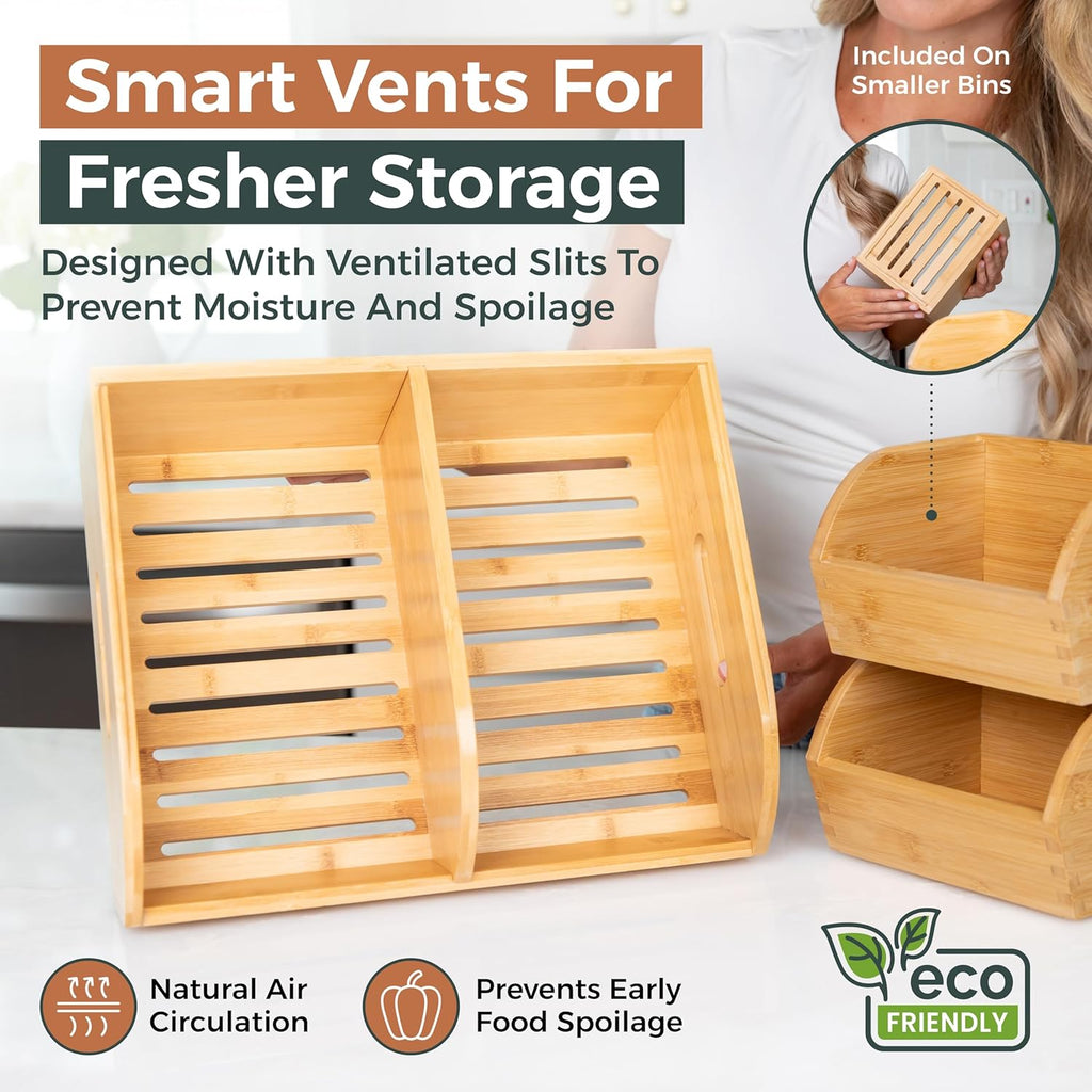Skiennix Potato and Onion Storage Bin - Ventilated Bamboo Organizer Baskets | Stackable 3-Pack for Kitchen & Pantry