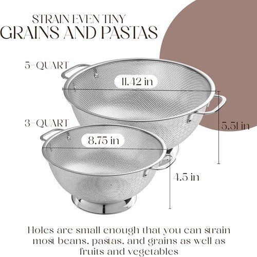 Bellemain Micro-Perforated Stainless Steel Colander - Dishwasher Safe, 3 QT & 5 QT Sizes