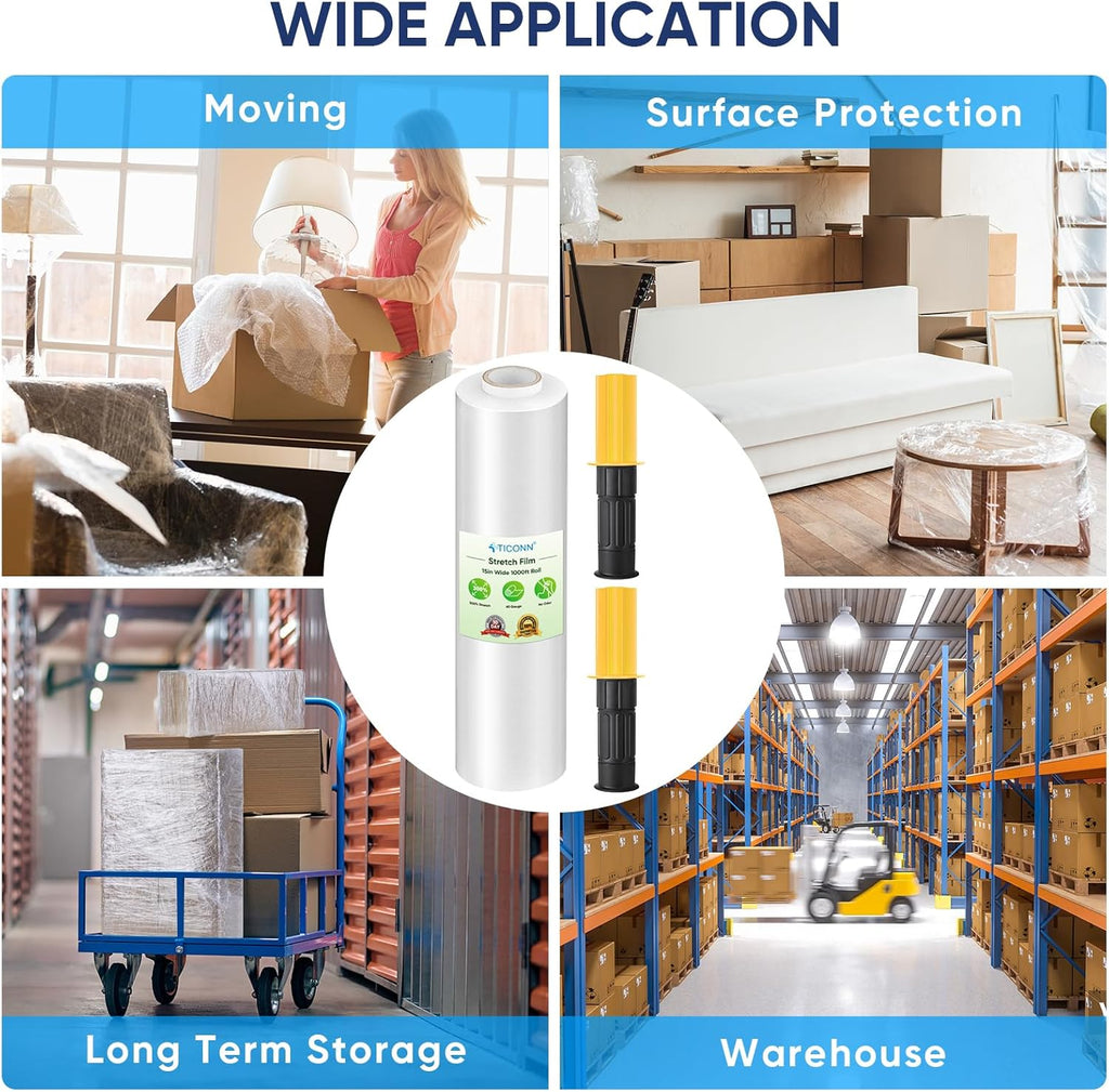 TICONN Stretch Wrap - 1000ft Industrial Strength Clear Plastic Film Roll with Handles | 15 Inch Wide for Pallet Wrapping