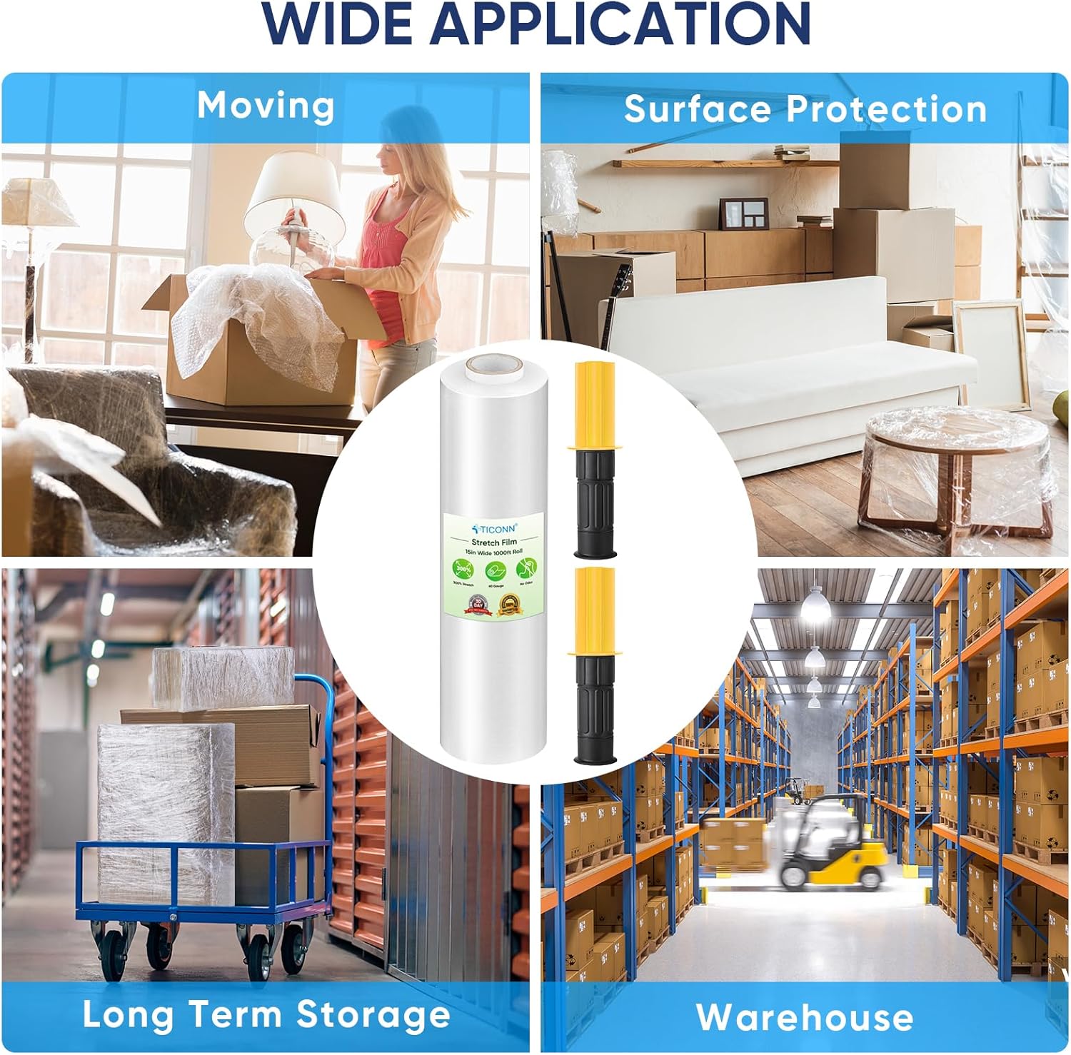 TICONN Stretch Wrap - 1000ft Industrial Strength Clear Plastic Film Roll with Handles | 15 Inch Wide for Pallet Wrapping