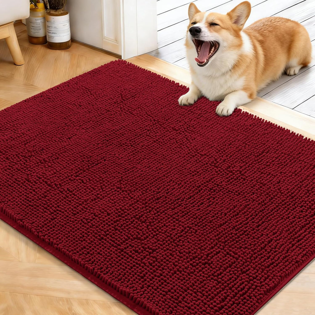 OLANLY Dog Door Mat - Absorbent Non-Slip Washable Chenille for Muddy Paws | 40x32 Red Indoor Entryway Carpet