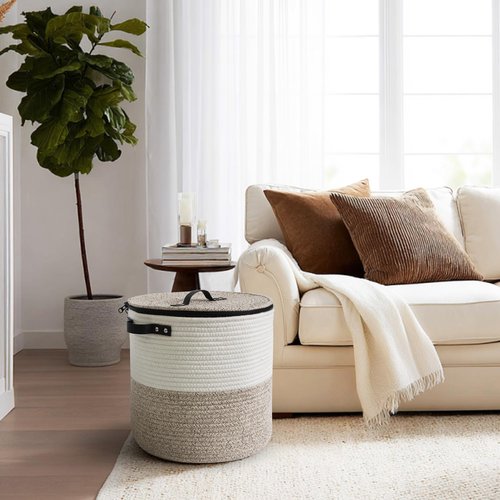 WILLITAT Storage Basket with Lid, 15"x13" Round Woven Blanket Storage for Living Room, Decorative Cotton Rope Hamper with Zipper Top, Wicker Basket with Lid, Floor Covered Kids Dog Toy Bin