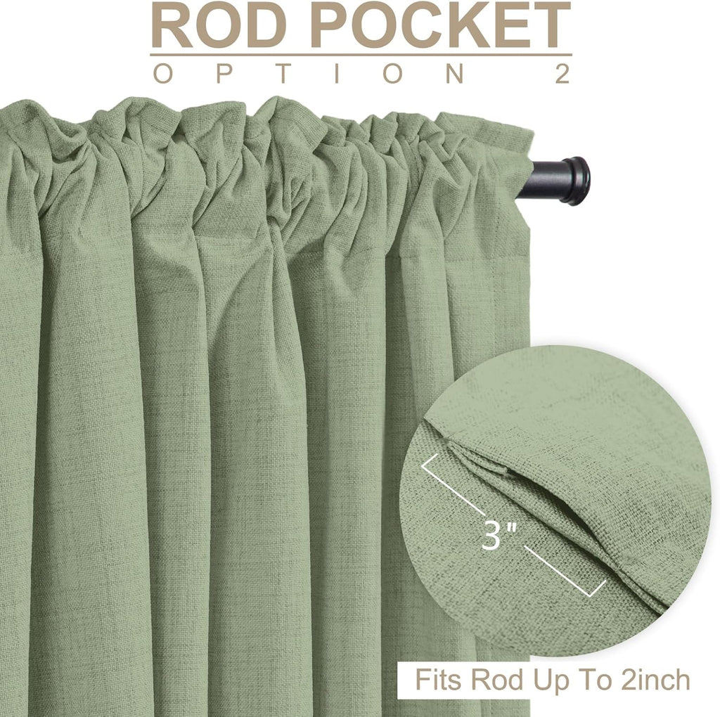 Skiennix 100% Blackout Linen Curtains - Thermal Insulated Drapes for Bedroom | 96" Long, Sage Color