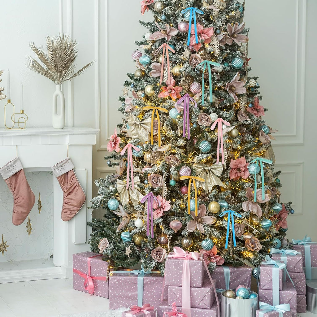 Skiennix 24 Pcs Velvet Bows - Vintage Ribbon Bows for Christmas Tree & Crafts | Pastel Rainbow (5 x 7 Inch)