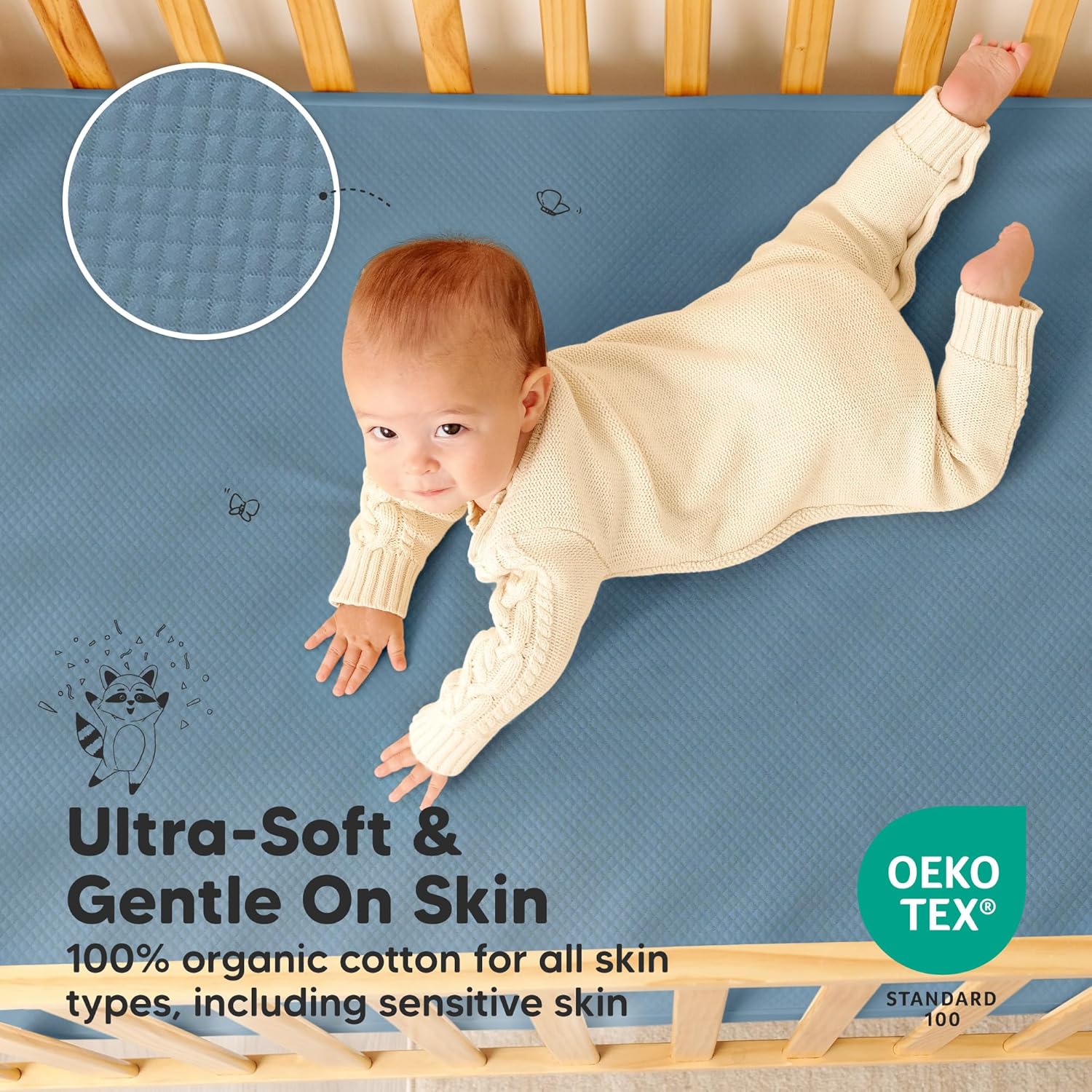 Skiennix Waterproof Crib Mattress Protector - Soft Quilted Cotton Pad, 52" x 28", Machine Washable, Easy Fit