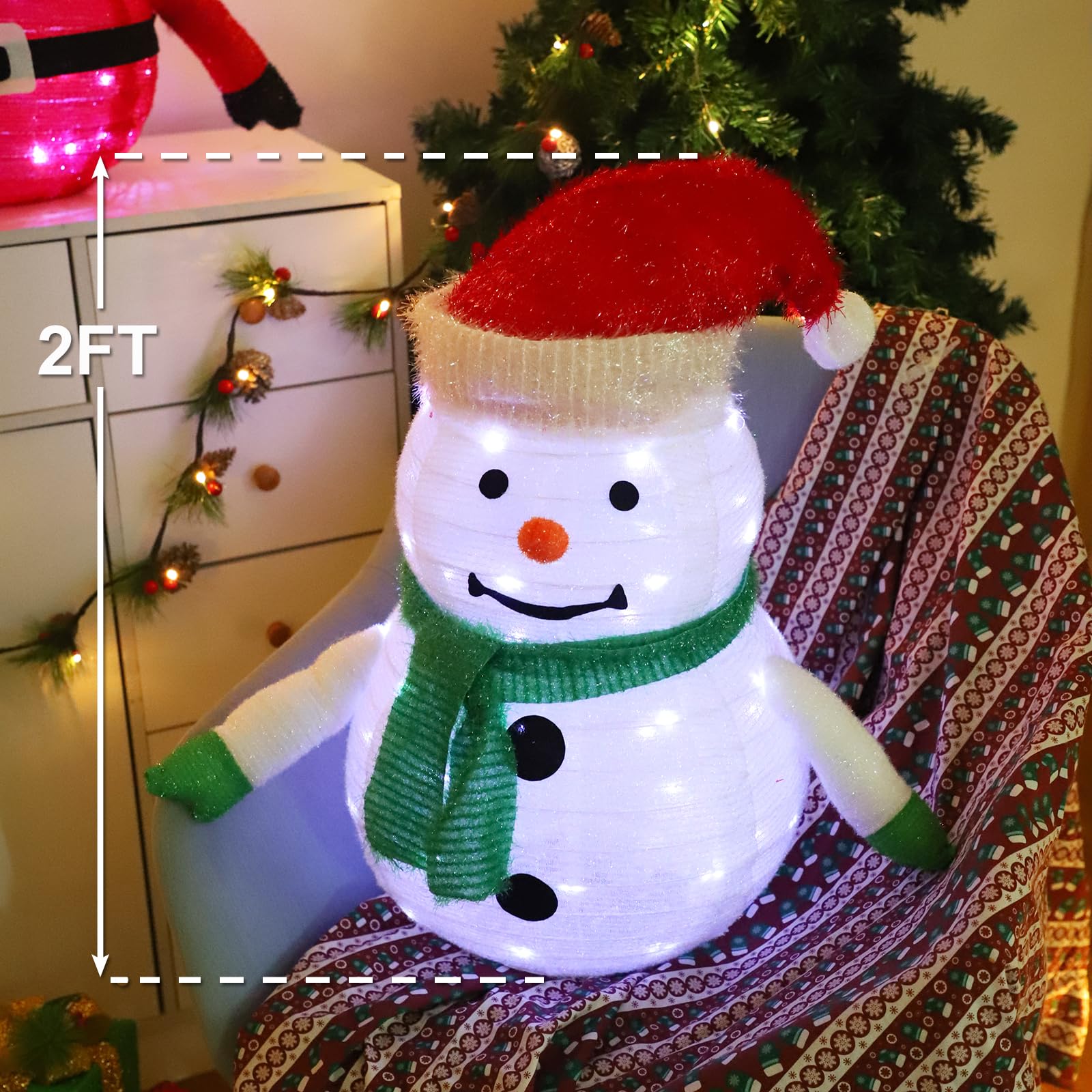 Snowman Christmas Decorations,2Ft Pre-Lit 45LED Light Up Collapsible Snowman Decor, Pop Up Snowman with Metal Stand for Indoor Outdoor Xmas Tree Garden Yard Home Party Decor