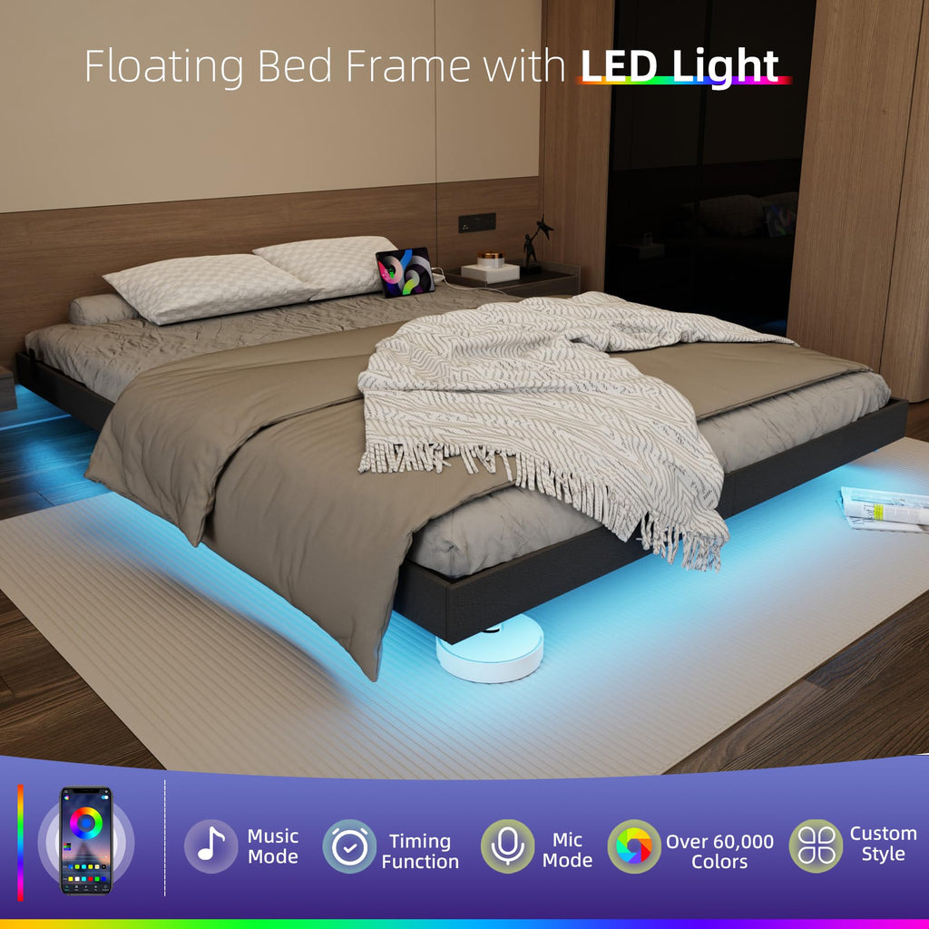 Muluflower Floating Bed Frame Full Size with LED Lights and Charging Station, Grey Linen Metal Platform Bed Frame, Easy Assembly, No Box Spring Needed (Full)