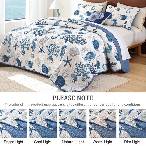 Djoymock Coastal Quilt Set Queen Size 3 Pcs, Summer Blue Beach Theme Quilts with Pillowcases Reversible Microfiber Ocean Bedding Set Nautical Bedspreads Coverlet Lightweight Comforter for All Season