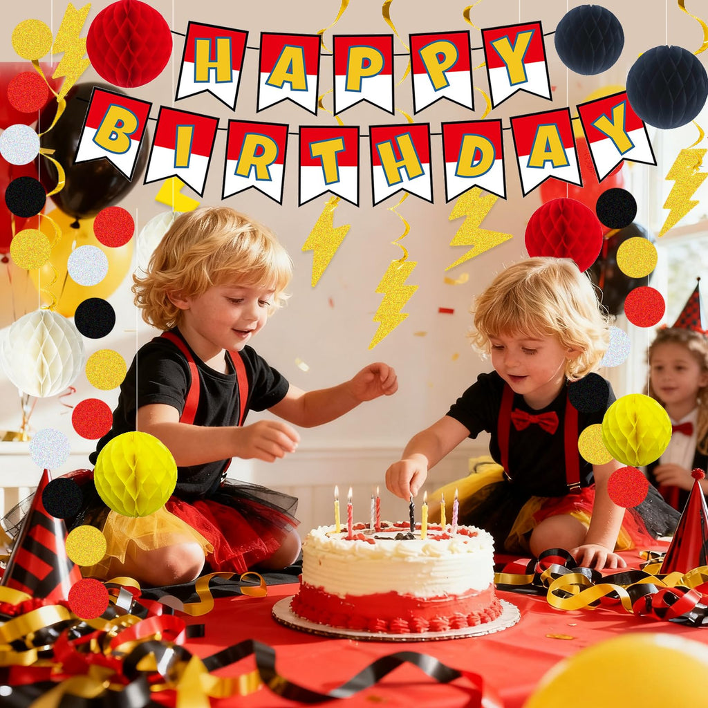 Cartoon Animation Birthday Party Decorations, Party Supplies Birthday Banner, Honeycomb Balls, Gold Theme Hanging Swirls, Circle Dots Garland, for Boys and Girls
