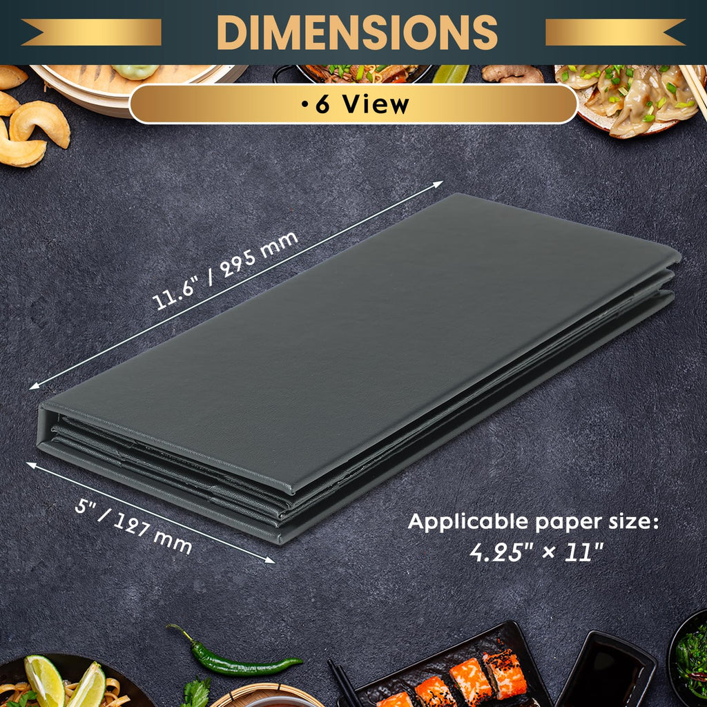 AMGSH 12 Pack 6 View Menu Holder Menu Covers 4.25" x 11" | Black Leather Menu Sleeves Book Style for Restaurant Coffee Bars Wine List