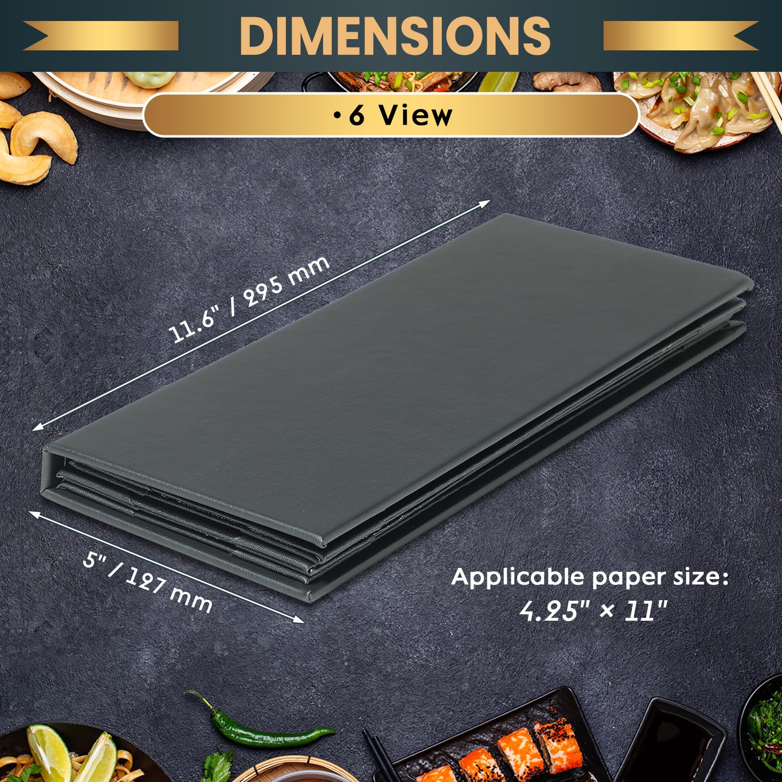 AMGSH 12 Pack 6 View Menu Holder Menu Covers 4.25" x 11" | Black Leather Menu Sleeves Book Style for Restaurant Coffee Bars Wine List