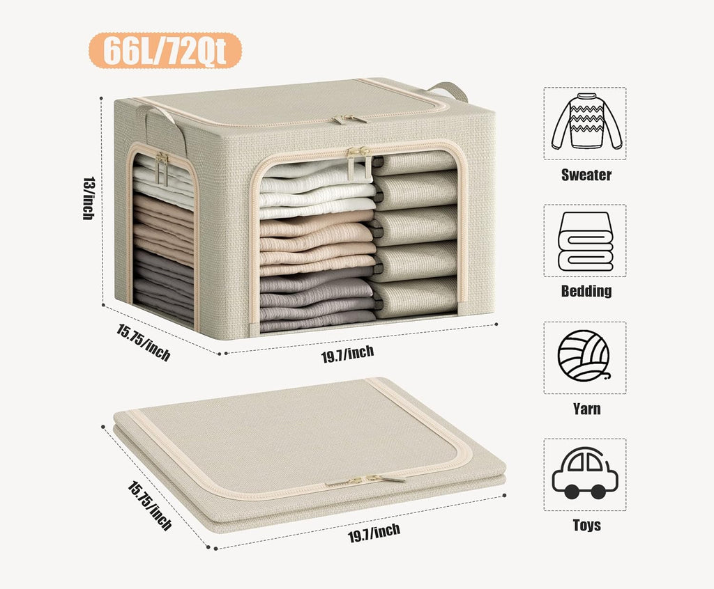 Skiennix Large Clothes Storage Bins - Foldable with Lid & Clear Window | 3-Pack, Beige, 66L