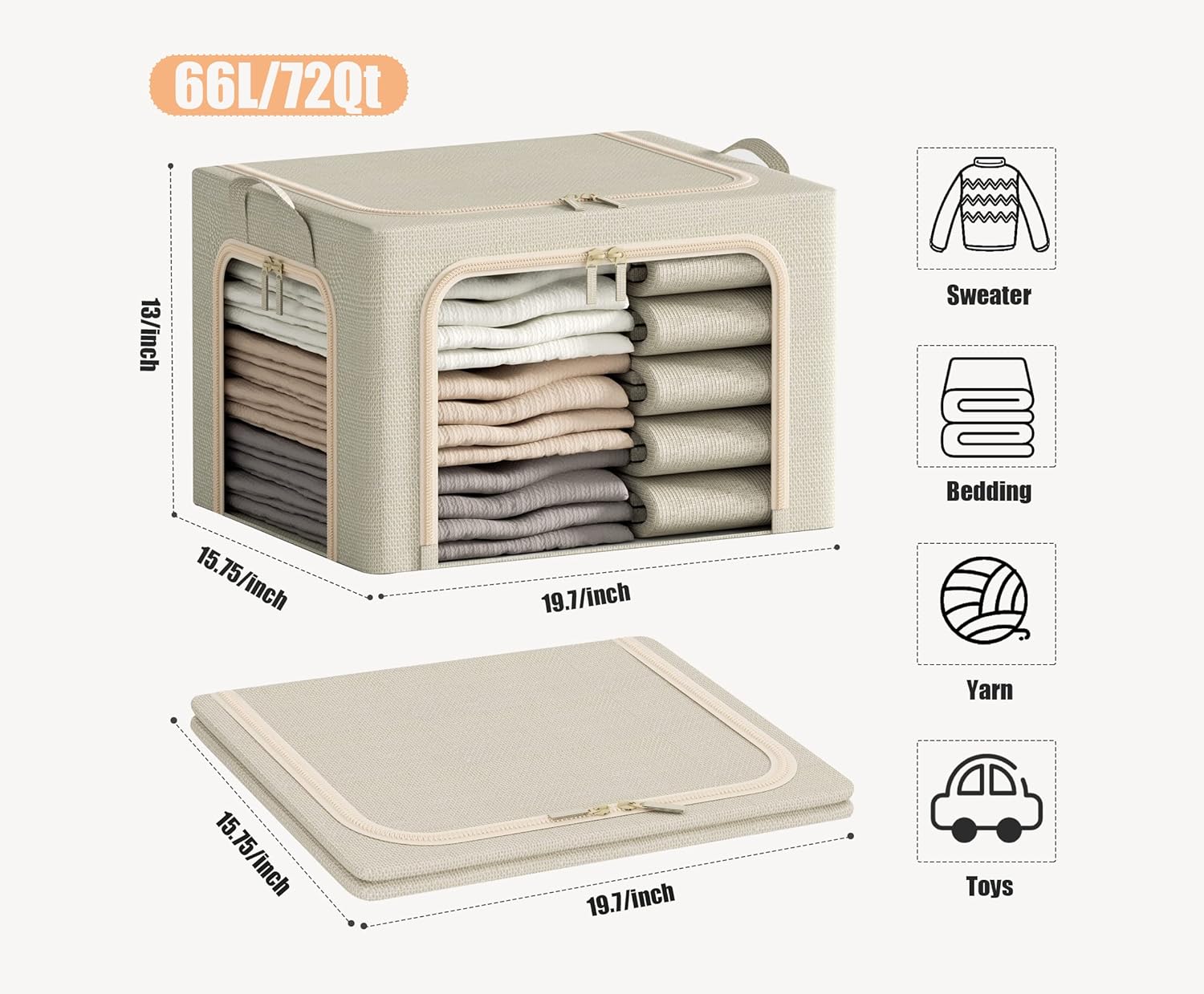 Skiennix Large Clothes Storage Bins - Foldable with Lid & Clear Window | 3-Pack, Beige, 66L