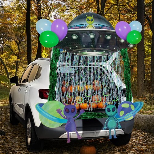 JOYIN Halloween UFO Aliens Trunk Or Treat Car Decorations Kit for SUV Outdoor Indoor Decor Planets, Haunted House Archway Garage Lawn Balloons, Streamer Tinsels Strips